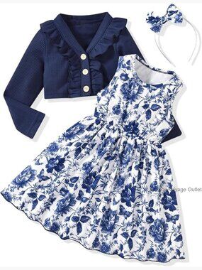 Toddler Girl Floral Dress & Cardigan Set 3 Piece Sleeveless & Long Sleeve